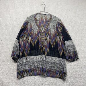 Bali Tunic Top Blouse Sheer Wom Sz L Aztec Tribal AOP Festival Boho Artsy